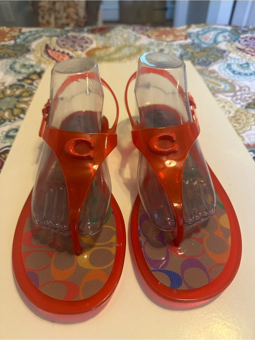 Coach Red Jelly Thong Sandals with Multi Color Signature C Footbed Sz 10